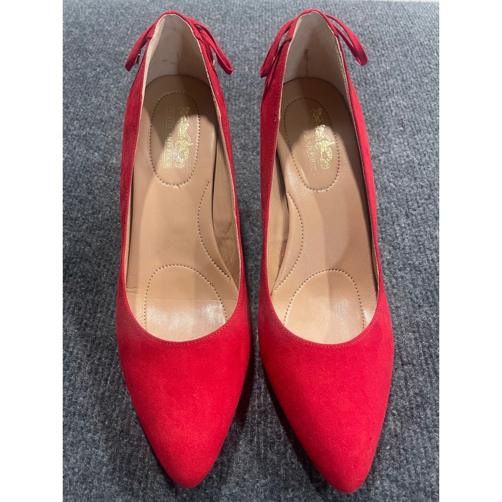 Coach and Four Louisa Red Pointed Toe Bow Heel Pumps Womens 8M Gold Accent